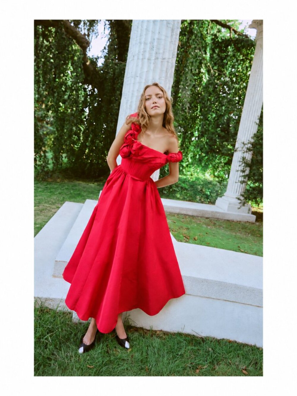 Rachel Gilbert Henley Strap Red Rose Rosette Midi Dress US 10 EUC